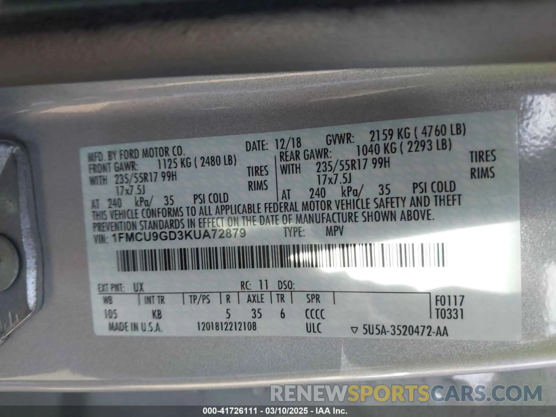 9 Photograph of a damaged car 1FMCU9GD3KUA72879 FORD ESCAPE 2019