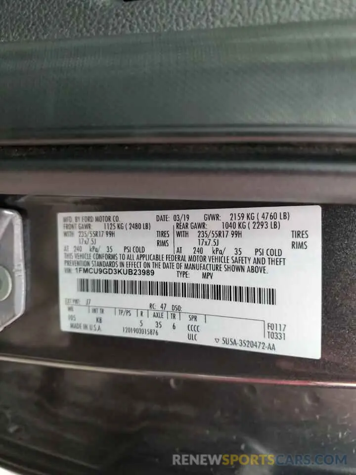 13 Photograph of a damaged car 1FMCU9GD3KUB23989 FORD ESCAPE 2019