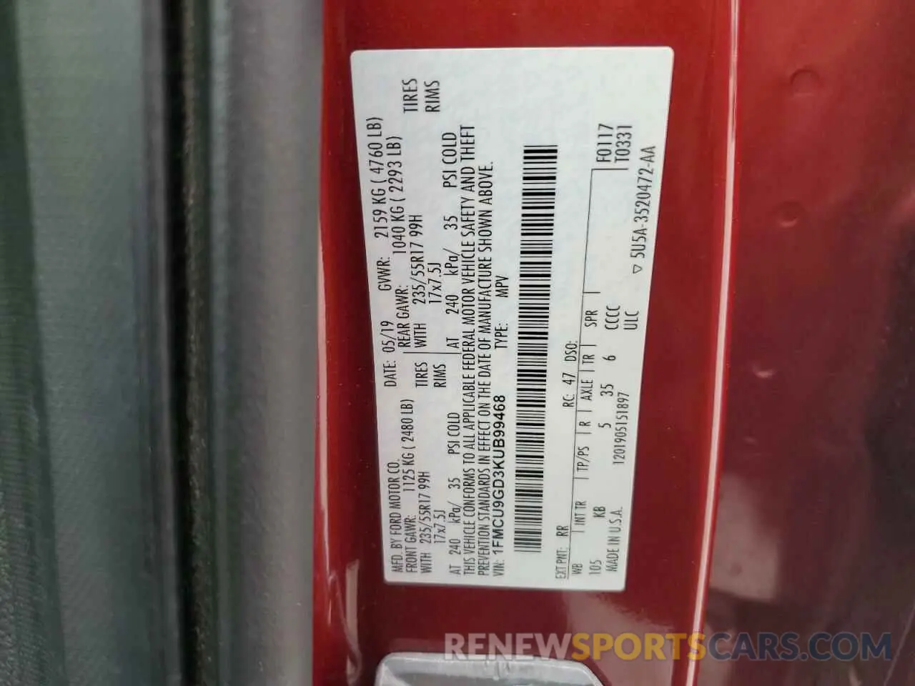 13 Photograph of a damaged car 1FMCU9GD3KUB99468 FORD ESCAPE 2019
