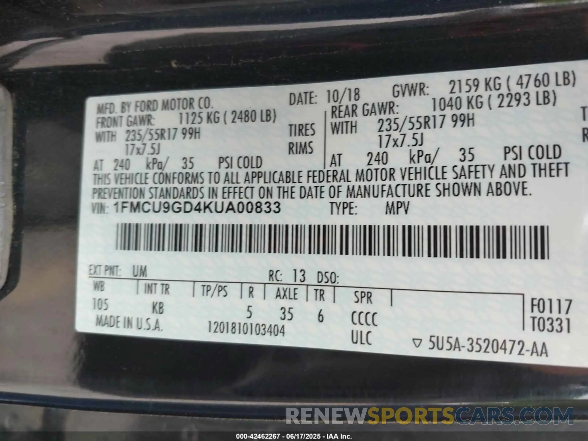9 Photograph of a damaged car 1FMCU9GD4KUA00833 FORD ESCAPE 2019