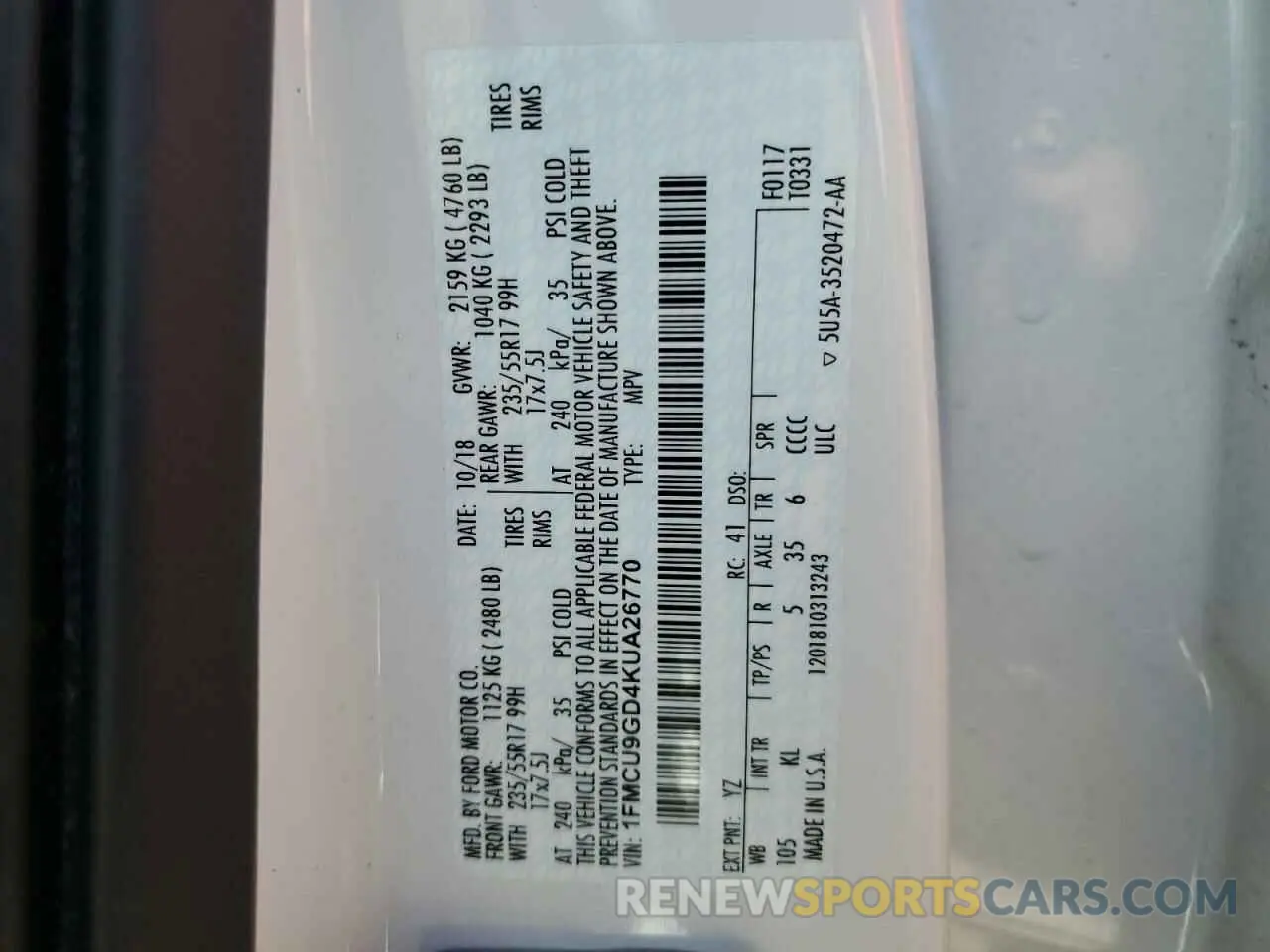 15 Photograph of a damaged car 1FMCU9GD4KUA26770 FORD ESCAPE 2019