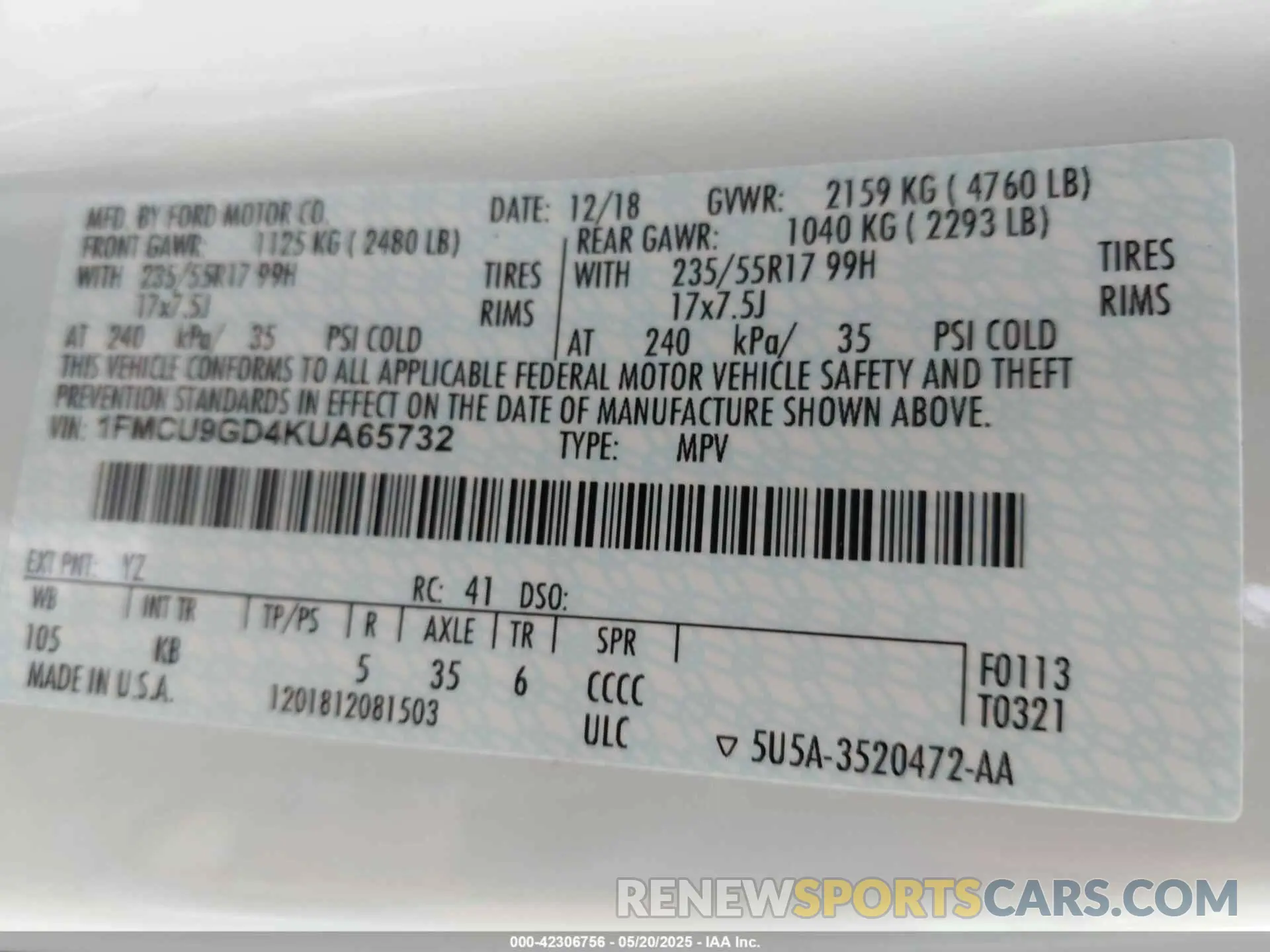 9 Photograph of a damaged car 1FMCU9GD4KUA65732 FORD ESCAPE 2019