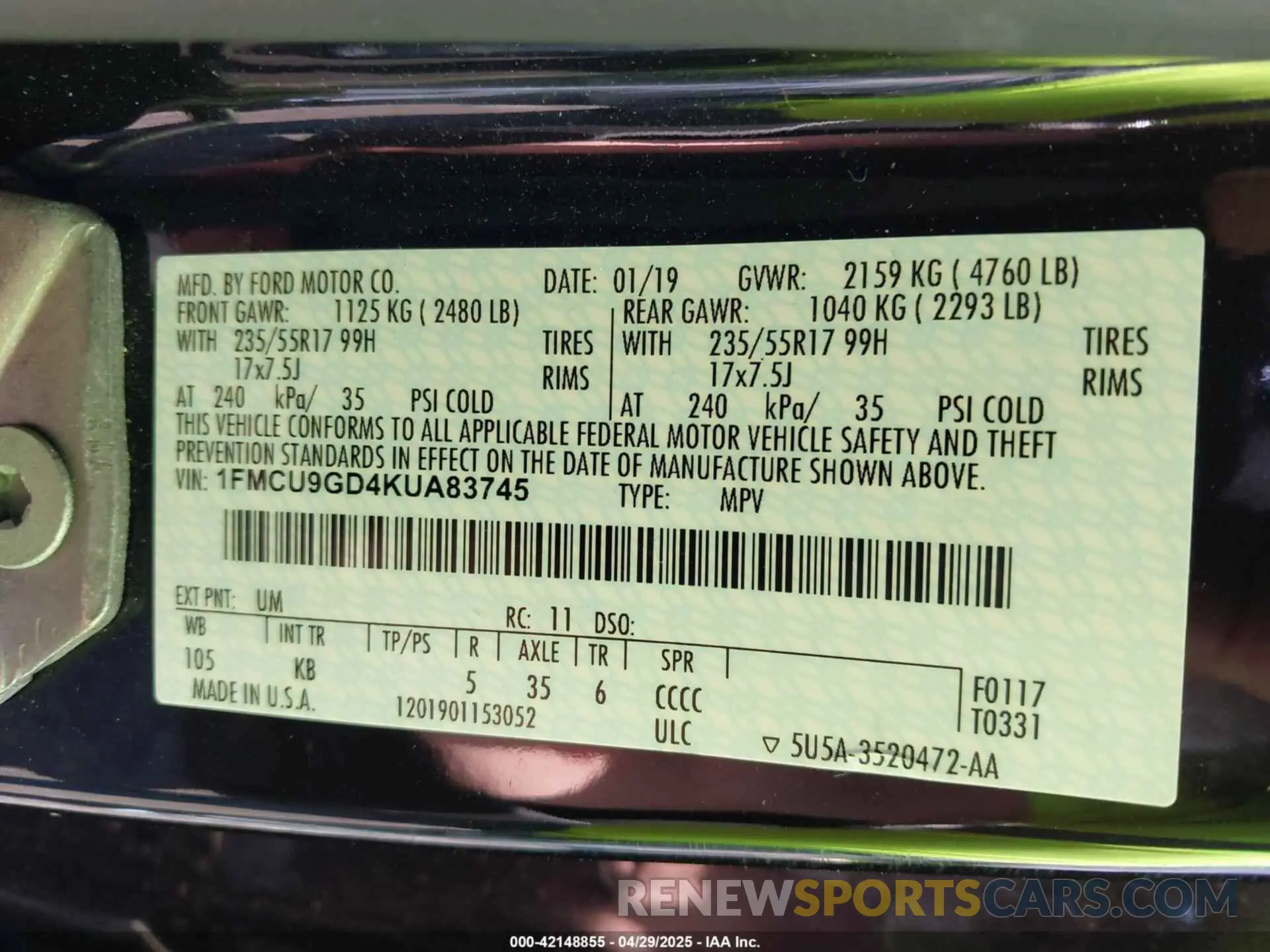 9 Photograph of a damaged car 1FMCU9GD4KUA83745 FORD ESCAPE 2019