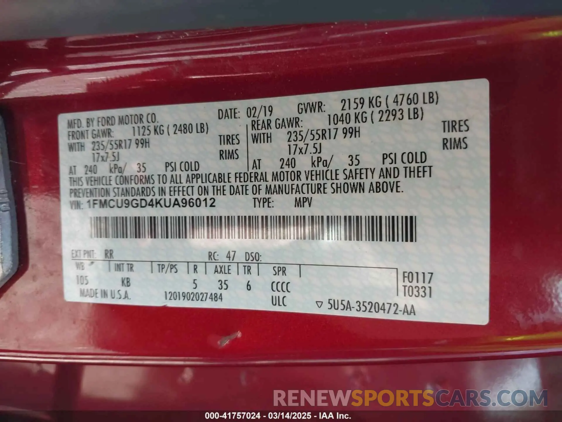 9 Photograph of a damaged car 1FMCU9GD4KUA96012 FORD ESCAPE 2019