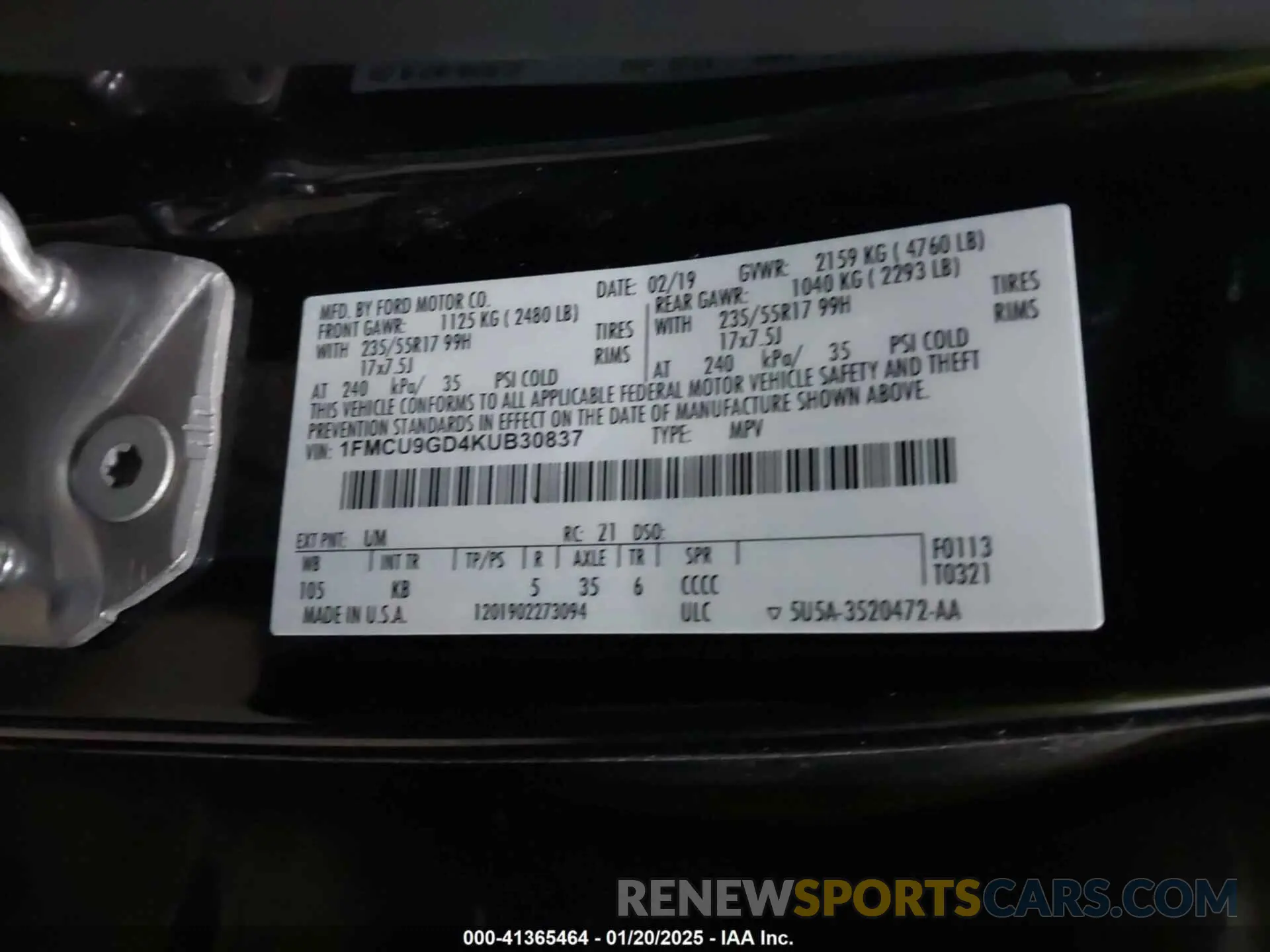 9 Photograph of a damaged car 1FMCU9GD4KUB30837 FORD ESCAPE 2019