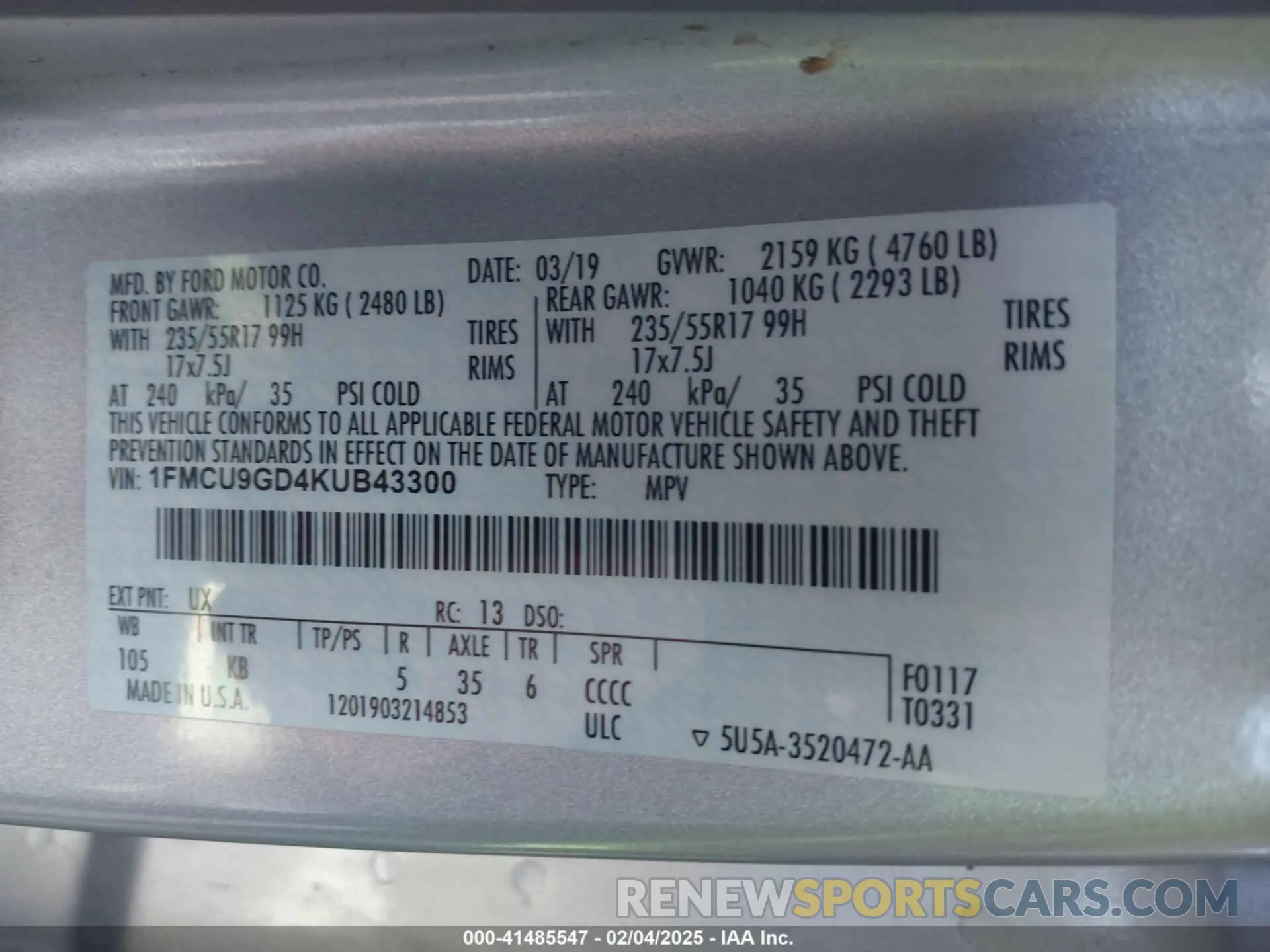 9 Photograph of a damaged car 1FMCU9GD4KUB43300 FORD ESCAPE 2019