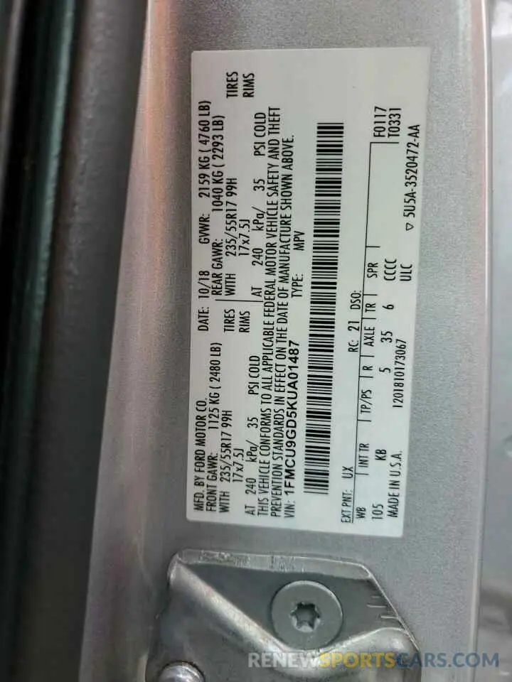 13 Photograph of a damaged car 1FMCU9GD5KUA01487 FORD ESCAPE 2019