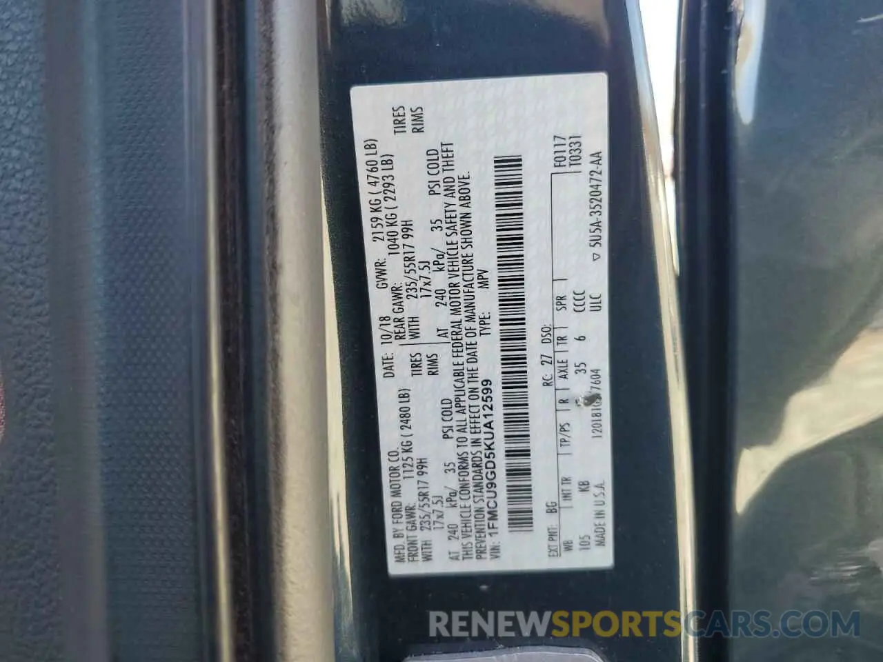 15 Photograph of a damaged car 1FMCU9GD5KUA12599 FORD ESCAPE 2019