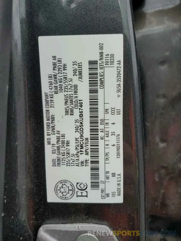 13 Photograph of a damaged car 1FMCU9GD5KUB67461 FORD ESCAPE 2019