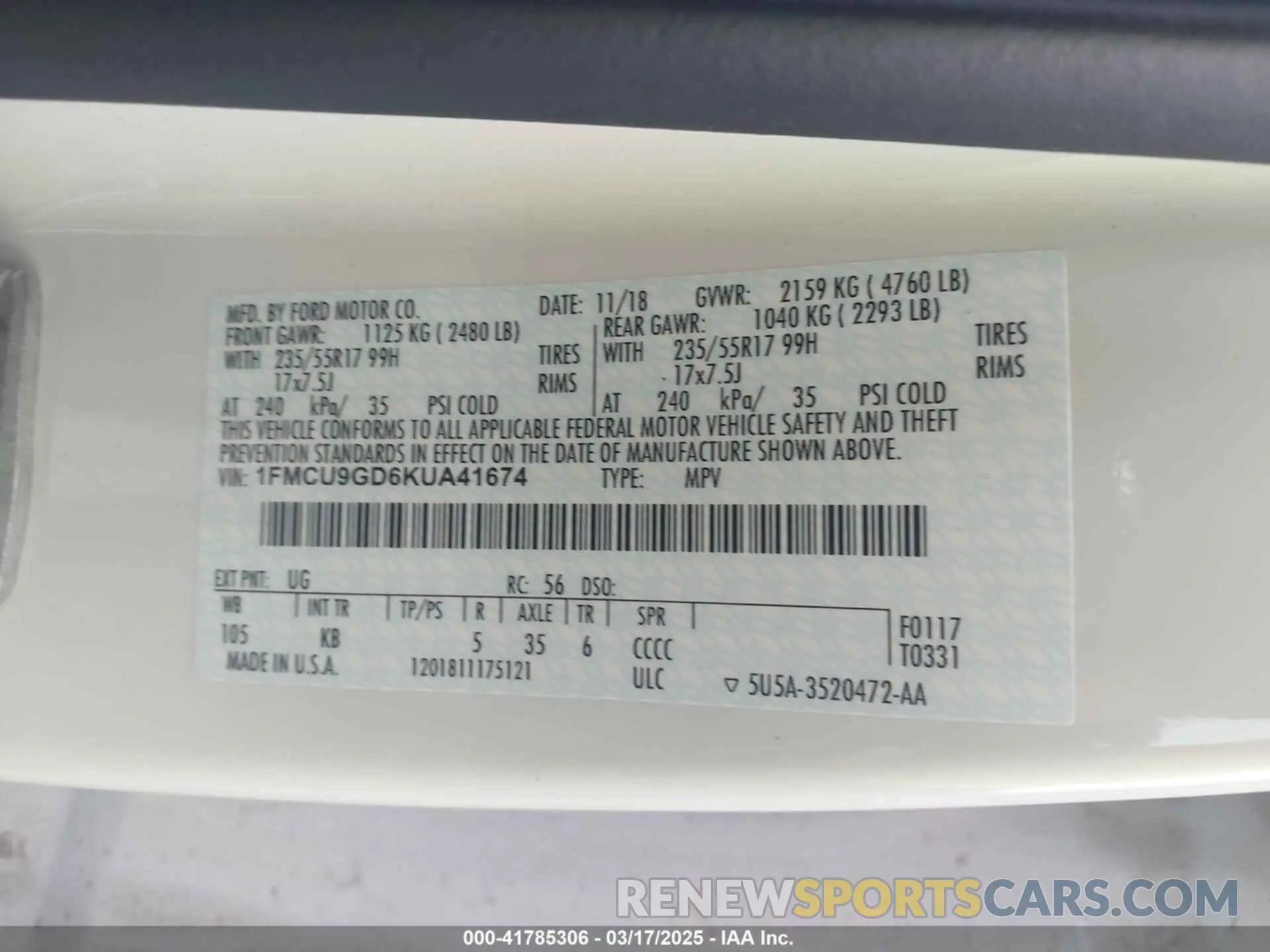 9 Photograph of a damaged car 1FMCU9GD6KUA41674 FORD ESCAPE 2019