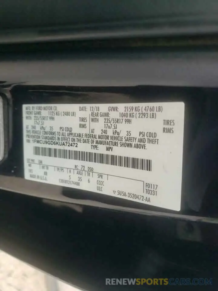 12 Photograph of a damaged car 1FMCU9GD6KUA72472 FORD ESCAPE 2019