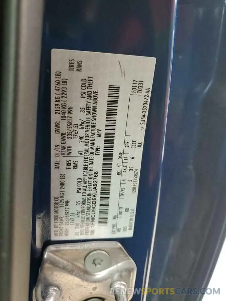12 Photograph of a damaged car 1FMCU9GD6KUA92768 FORD ESCAPE 2019