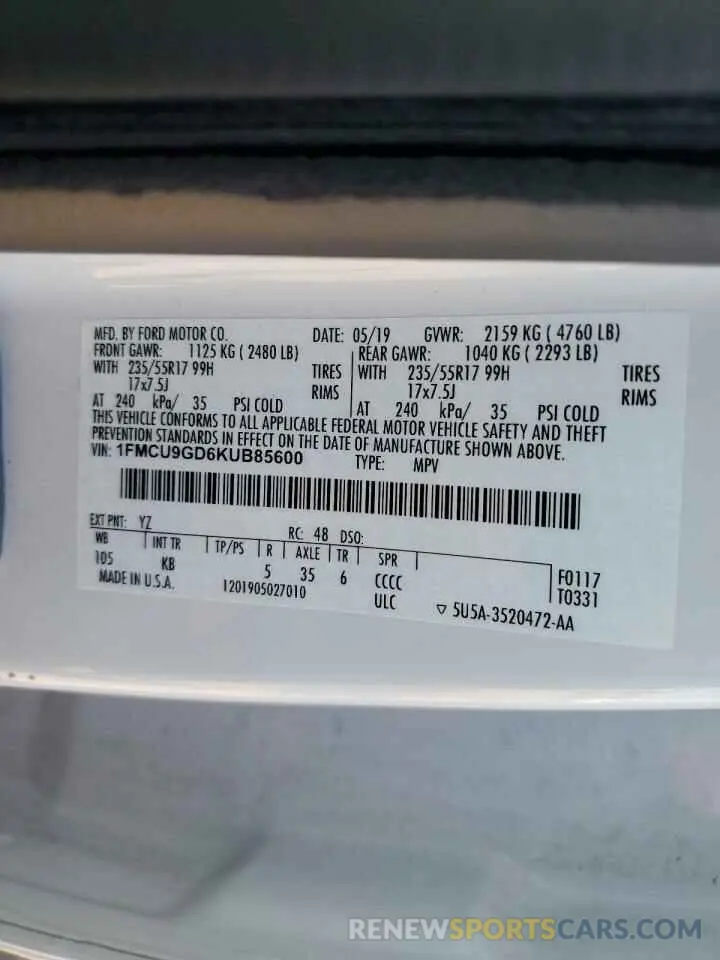 13 Photograph of a damaged car 1FMCU9GD6KUB85600 FORD ESCAPE 2019