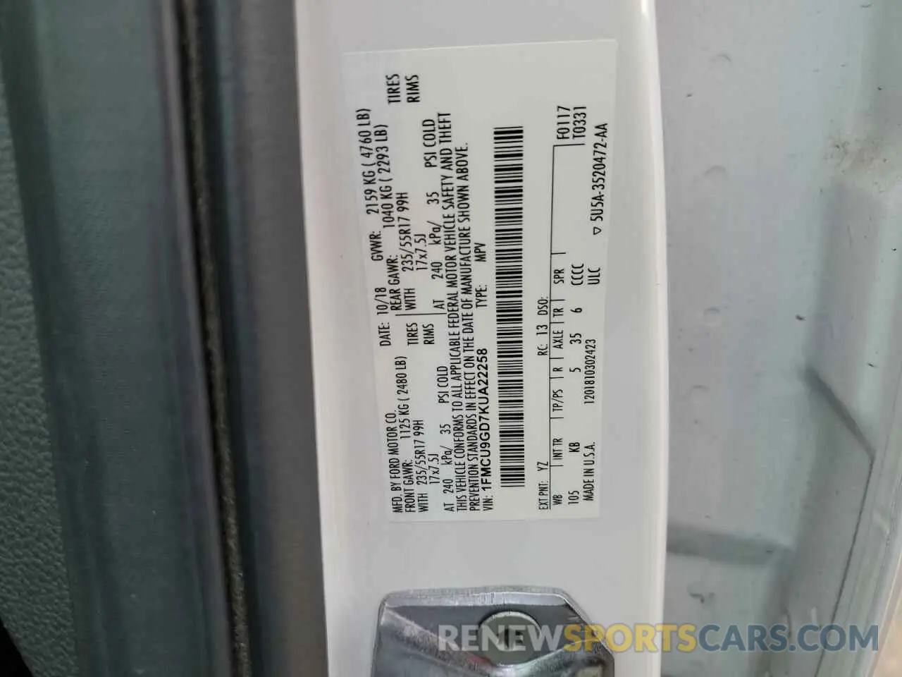15 Photograph of a damaged car 1FMCU9GD7KUA22258 FORD ESCAPE 2019