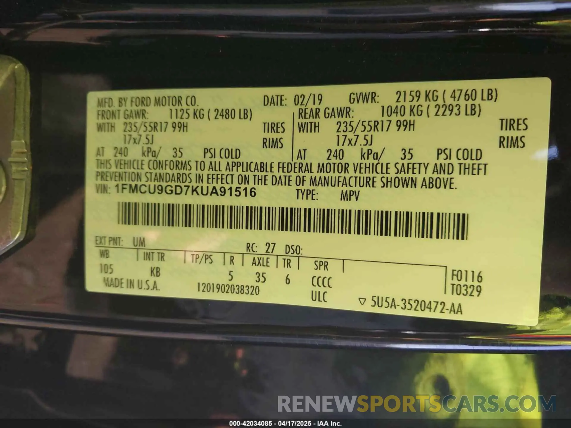9 Photograph of a damaged car 1FMCU9GD7KUA91516 FORD ESCAPE 2019