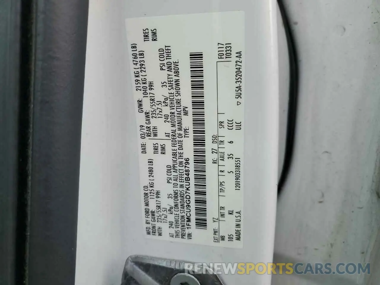 13 Photograph of a damaged car 1FMCU9GD7KUB48796 FORD ESCAPE 2019