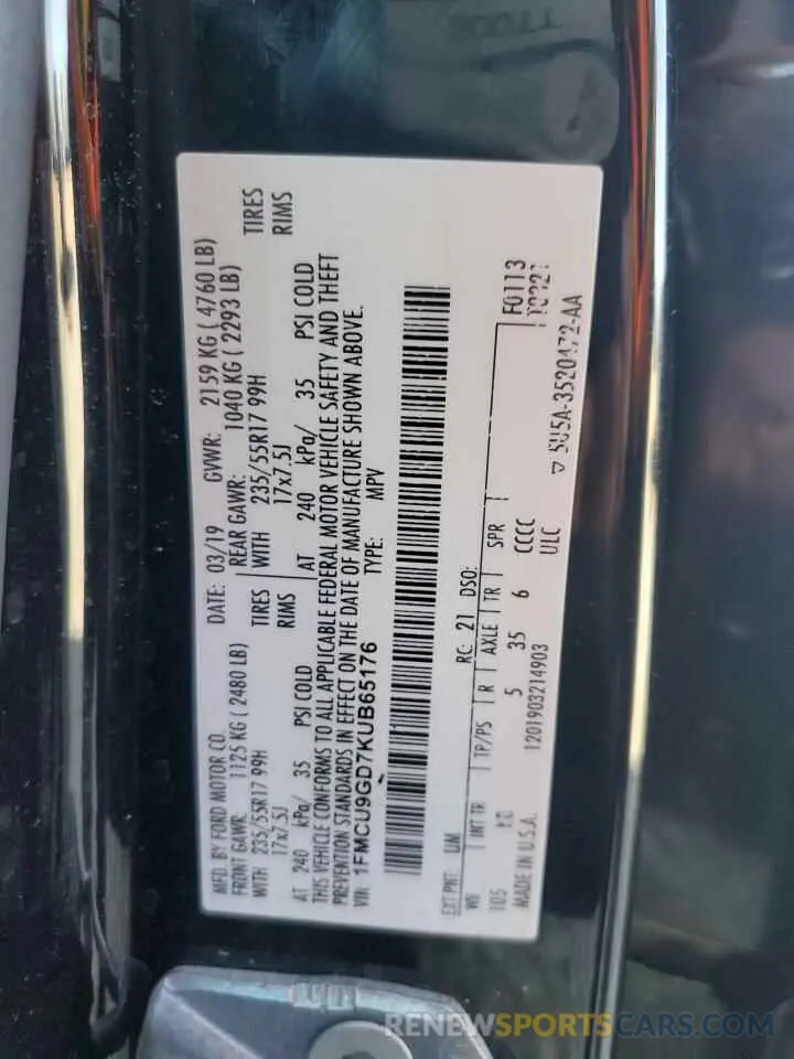 13 Photograph of a damaged car 1FMCU9GD7KUB65176 FORD ESCAPE 2019
