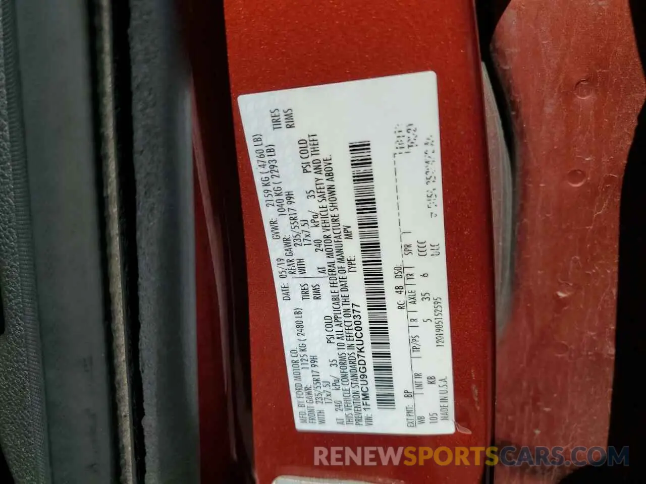 13 Photograph of a damaged car 1FMCU9GD7KUC00377 FORD ESCAPE 2019