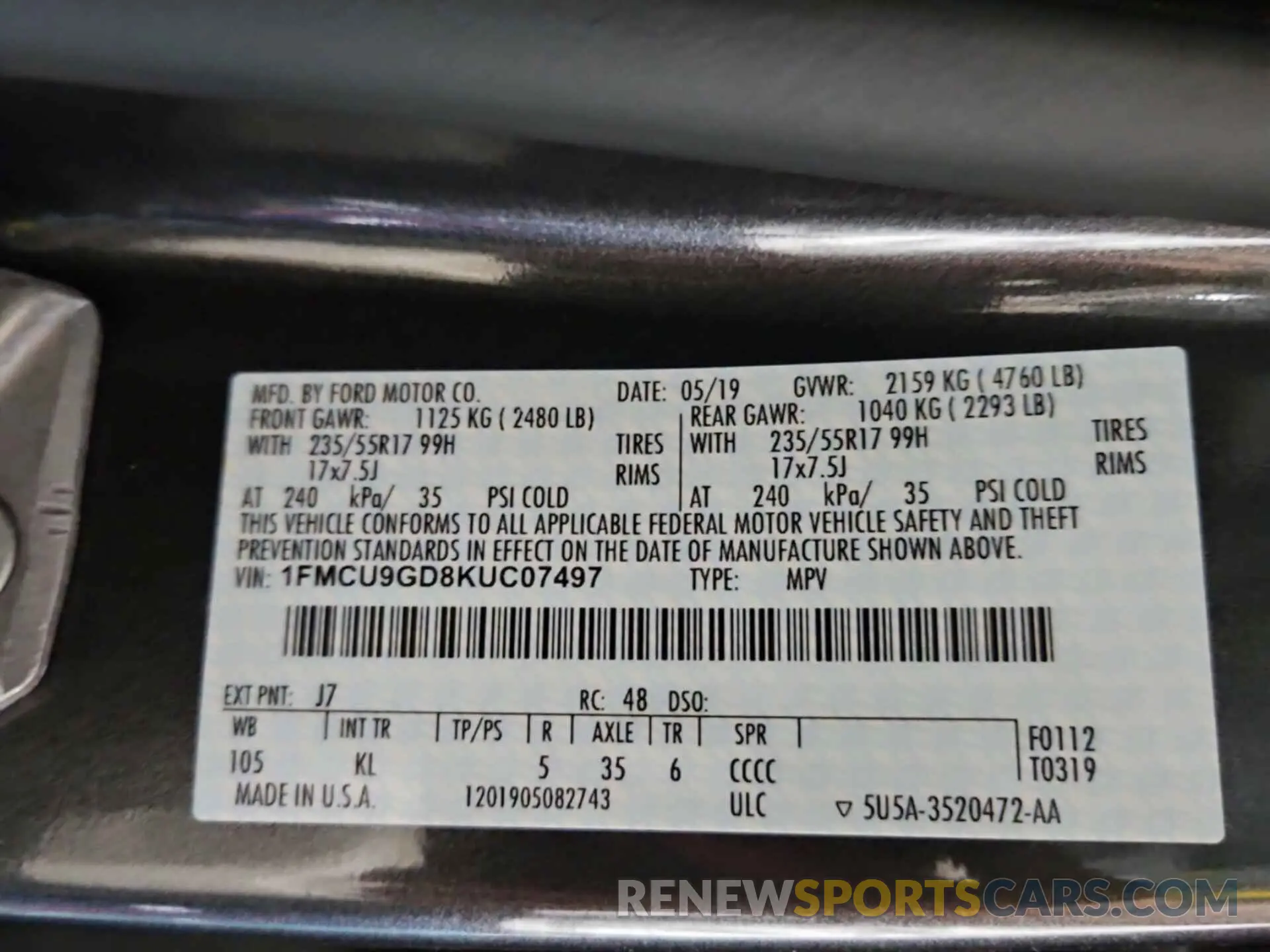 9 Photograph of a damaged car 1FMCU9GD8KUC07497 FORD ESCAPE 2019