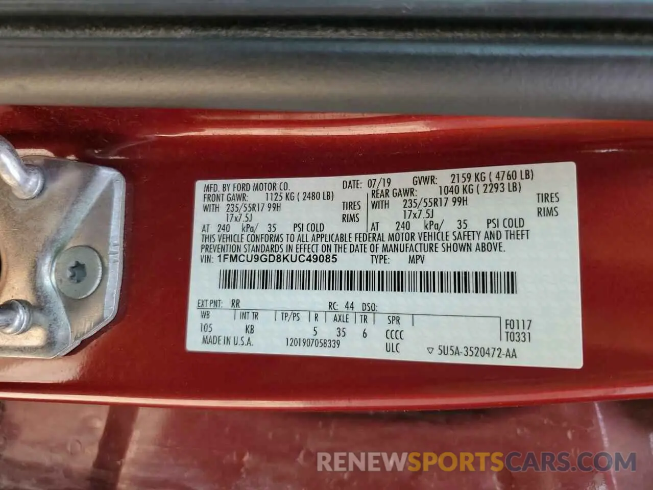 13 Photograph of a damaged car 1FMCU9GD8KUC49085 FORD ESCAPE 2019