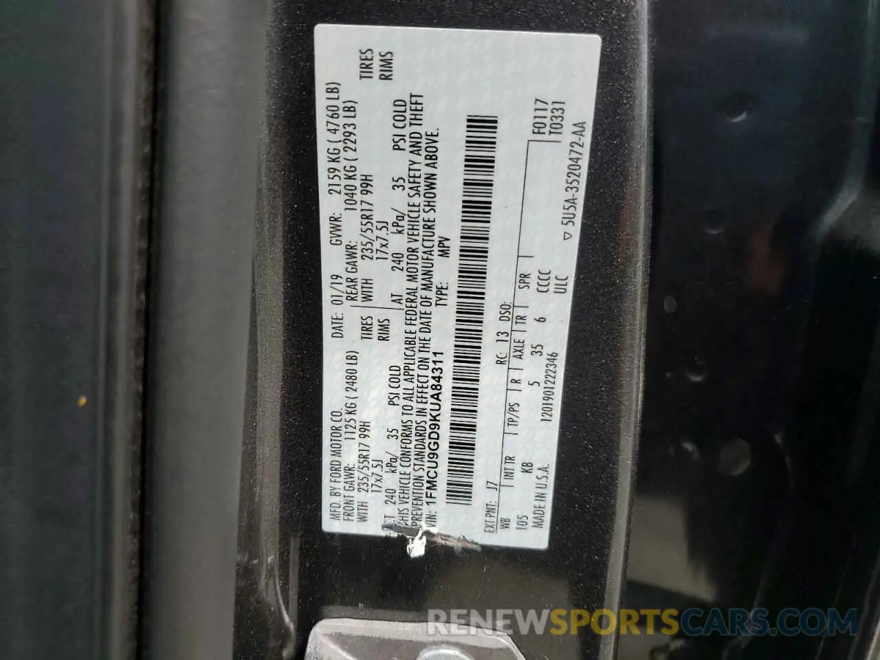 14 Photograph of a damaged car 1FMCU9GD9KUA84311 FORD ESCAPE 2019