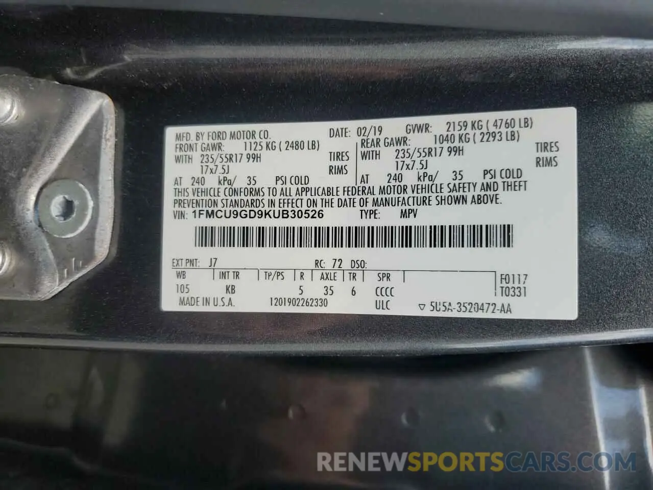 12 Photograph of a damaged car 1FMCU9GD9KUB30526 FORD ESCAPE 2019