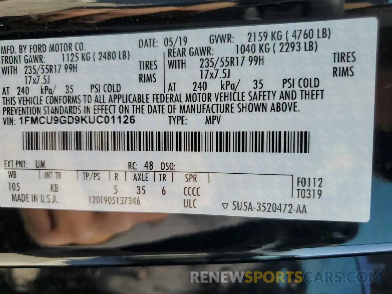 13 Photograph of a damaged car 1FMCU9GD9KUC01126 FORD ESCAPE 2019