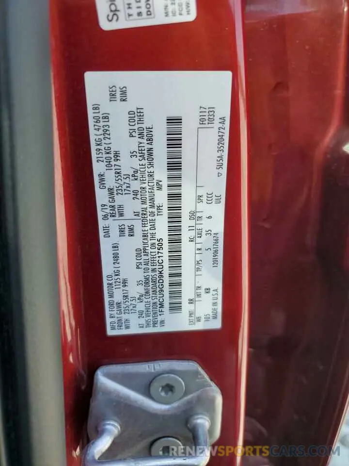 13 Photograph of a damaged car 1FMCU9GD9KUC17505 FORD ESCAPE 2019