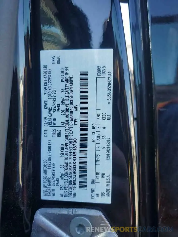 13 Photograph of a damaged car 1FMCU9GDXKUB18790 FORD ESCAPE 2019