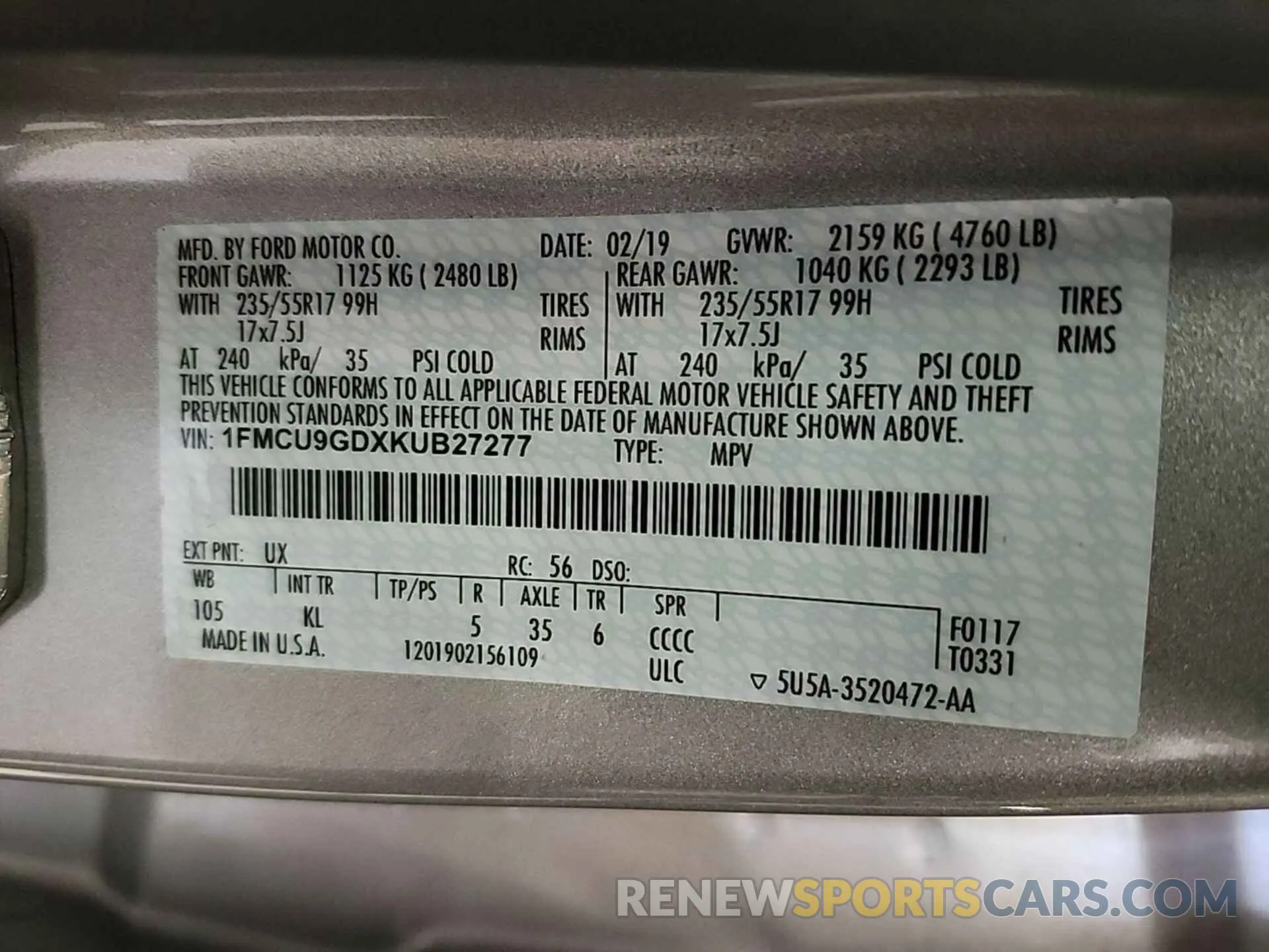 11 Photograph of a damaged car 1FMCU9GDXKUB27277 FORD ESCAPE 2019
