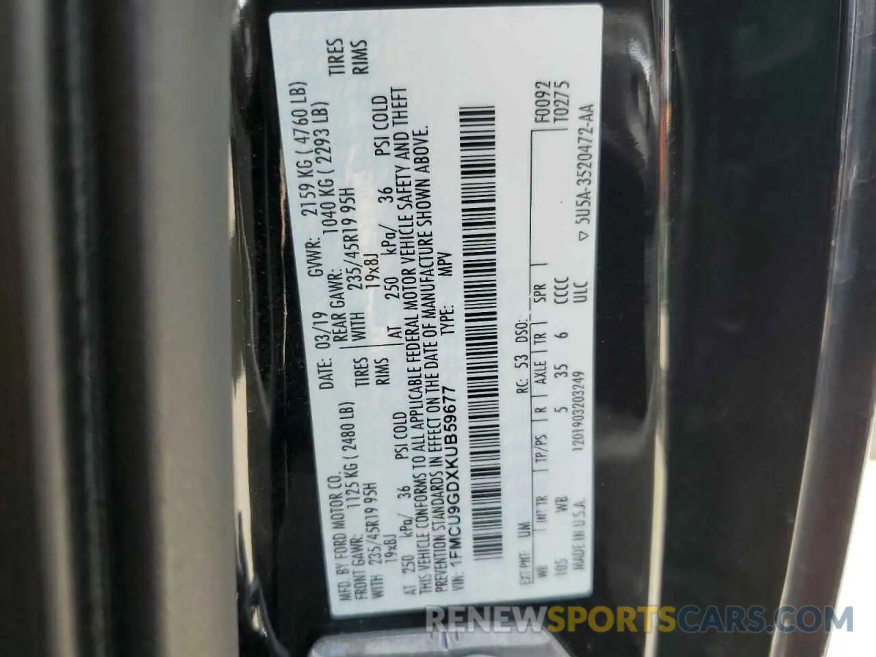 13 Photograph of a damaged car 1FMCU9GDXKUB59677 FORD ESCAPE 2019