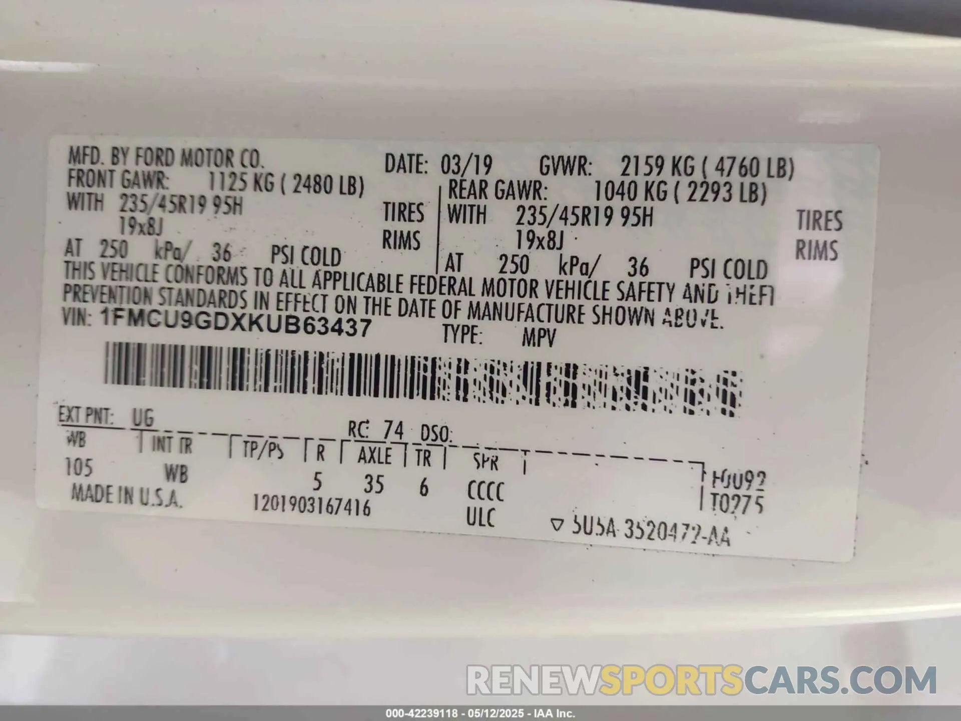 9 Photograph of a damaged car 1FMCU9GDXKUB63437 FORD ESCAPE 2019