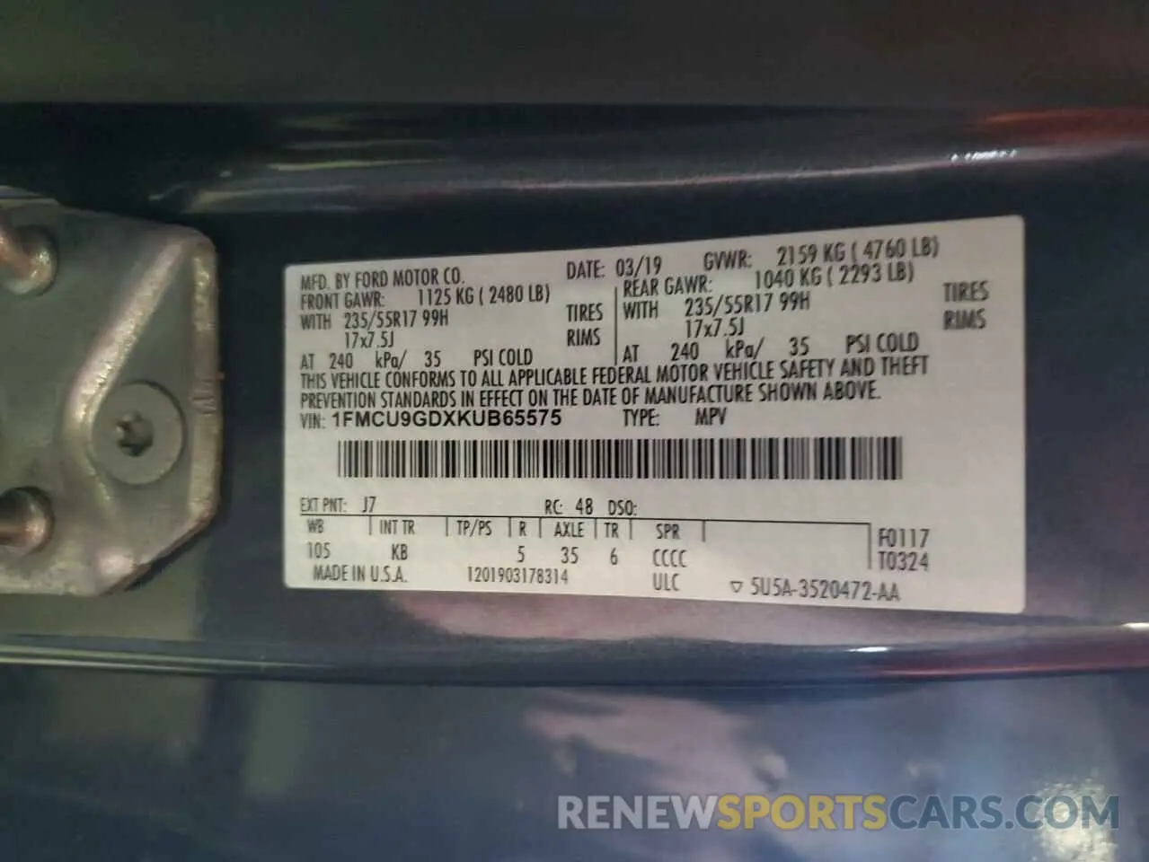 13 Photograph of a damaged car 1FMCU9GDXKUB65575 FORD ESCAPE 2019