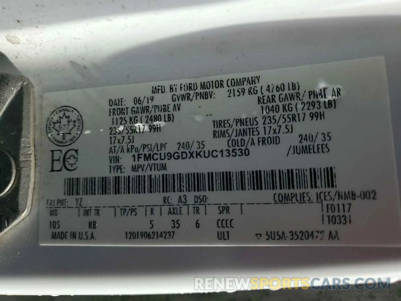 14 Photograph of a damaged car 1FMCU9GDXKUC13530 FORD ESCAPE 2019