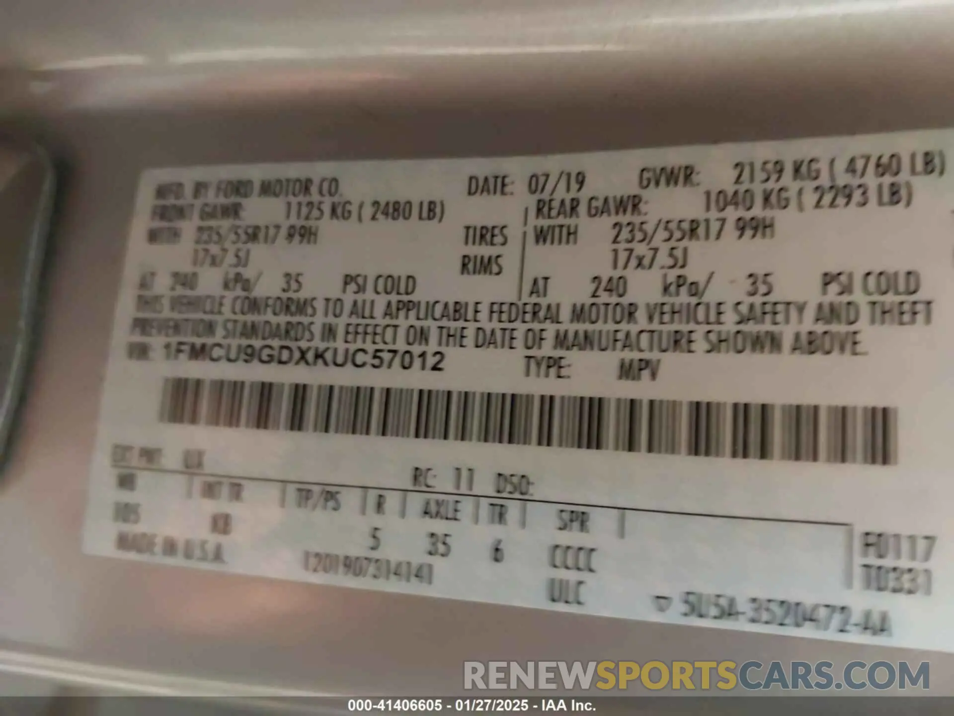 9 Photograph of a damaged car 1FMCU9GDXKUC57012 FORD ESCAPE 2019