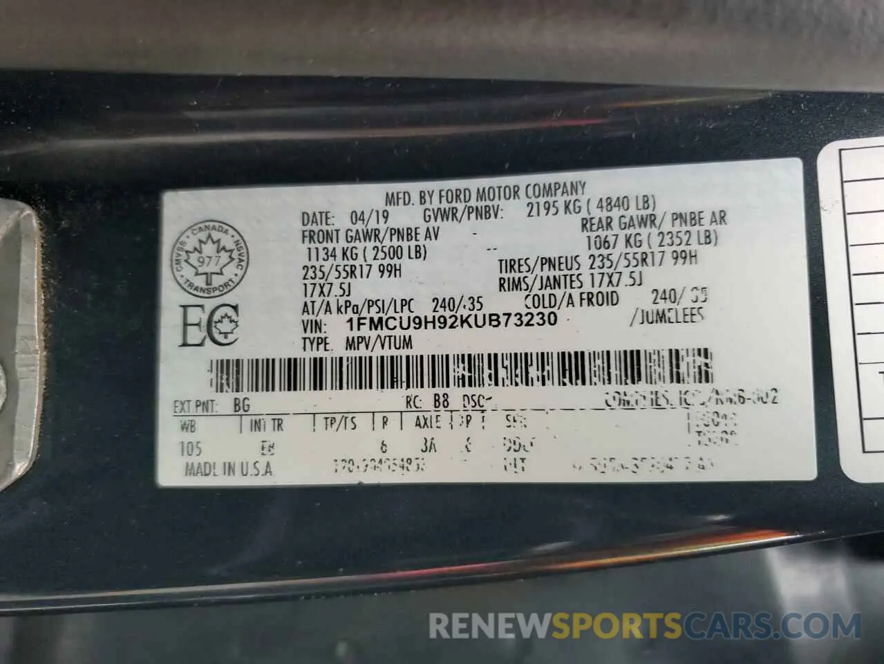 14 Photograph of a damaged car 1FMCU9H92KUB73230 FORD ESCAPE 2019