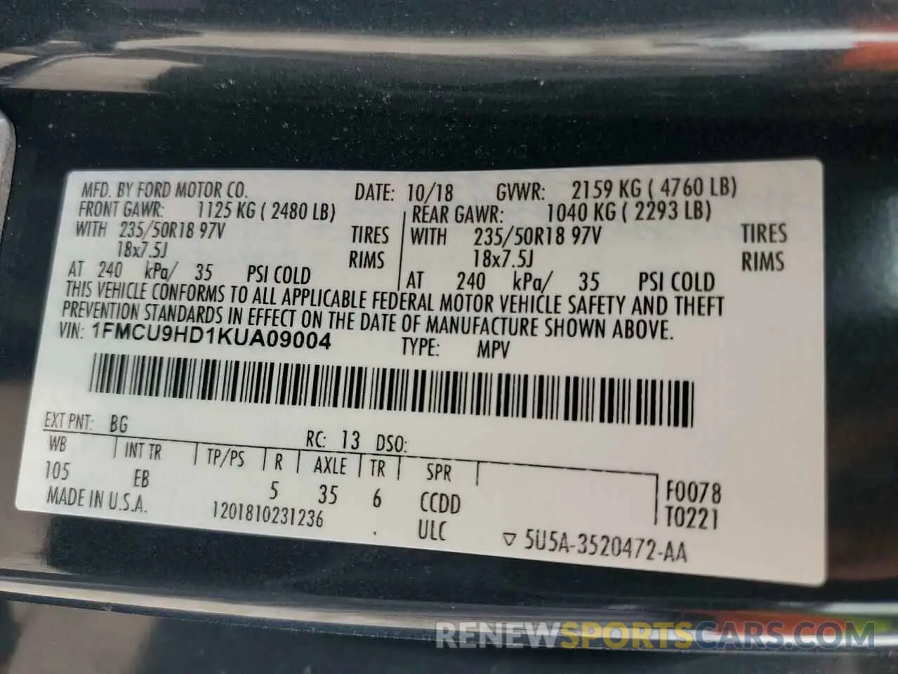 13 Photograph of a damaged car 1FMCU9HD1KUA09004 FORD ESCAPE 2019