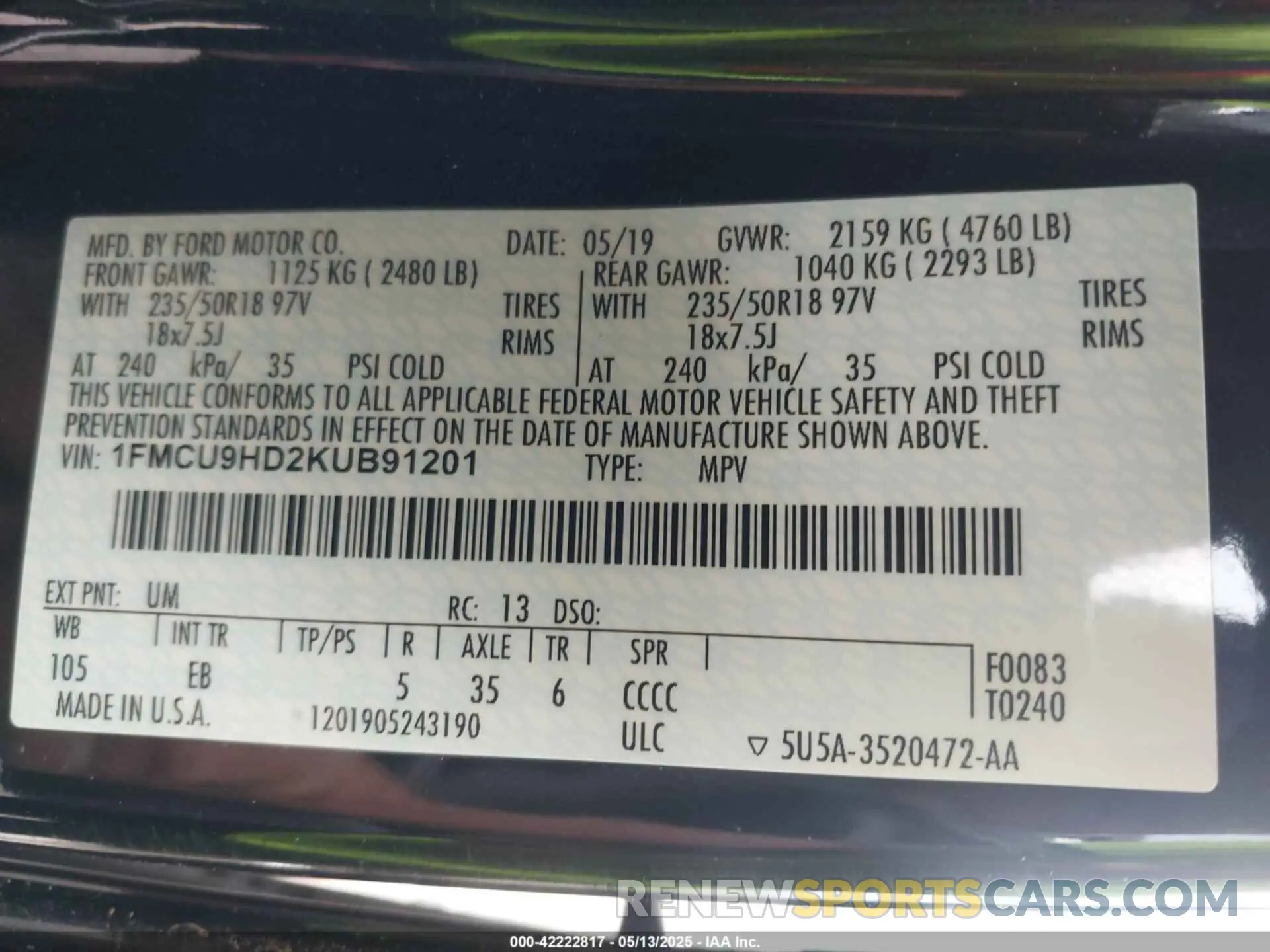 9 Photograph of a damaged car 1FMCU9HD2KUB91201 FORD ESCAPE 2019