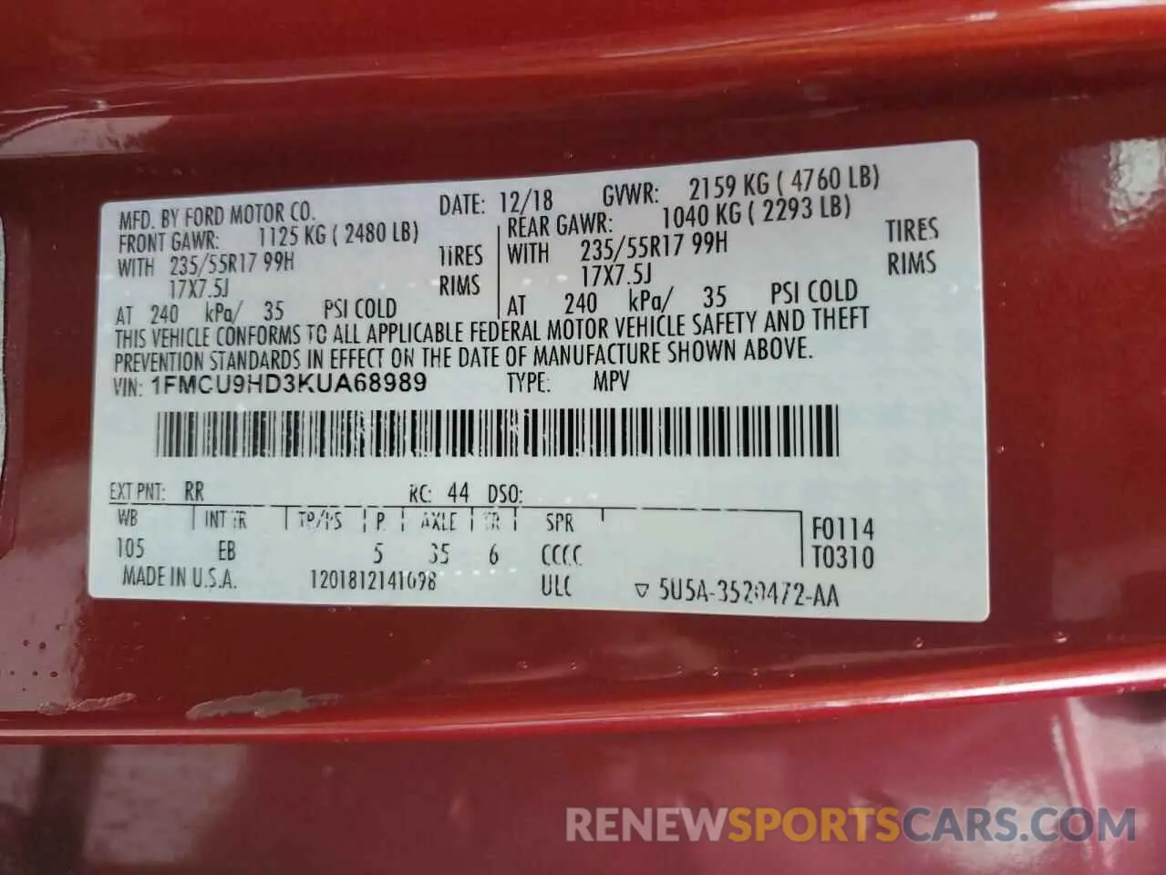 13 Photograph of a damaged car 1FMCU9HD3KUA68989 FORD ESCAPE 2019