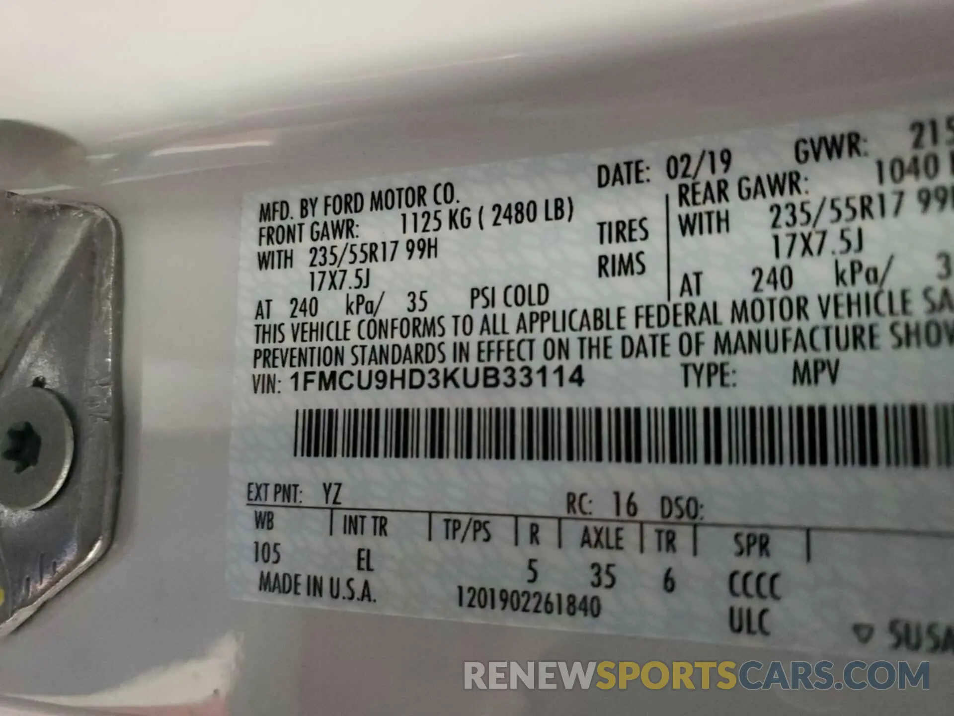 11 Photograph of a damaged car 1FMCU9HD3KUB33114 FORD ESCAPE 2019