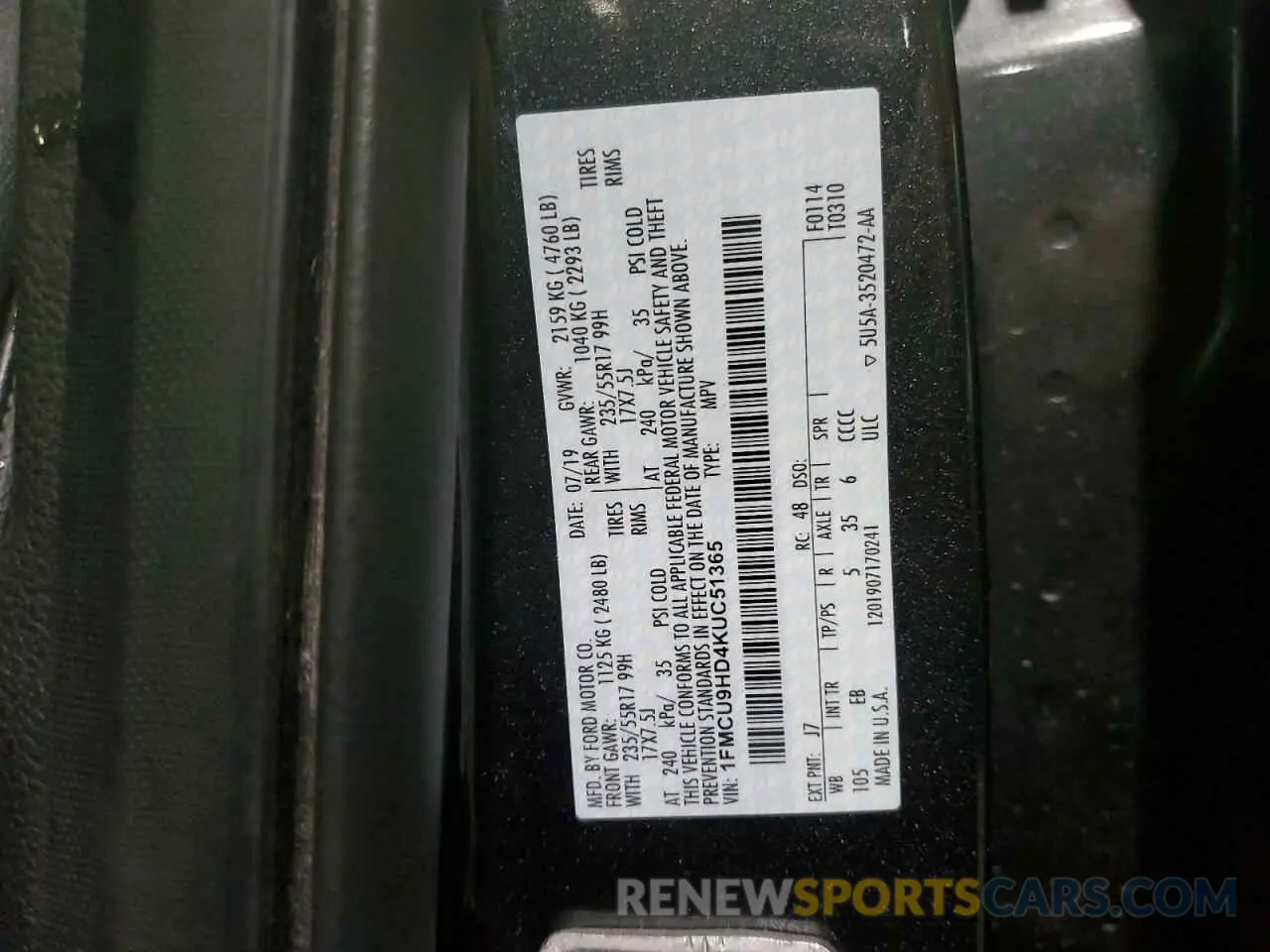 13 Photograph of a damaged car 1FMCU9HD4KUC51365 FORD ESCAPE 2019