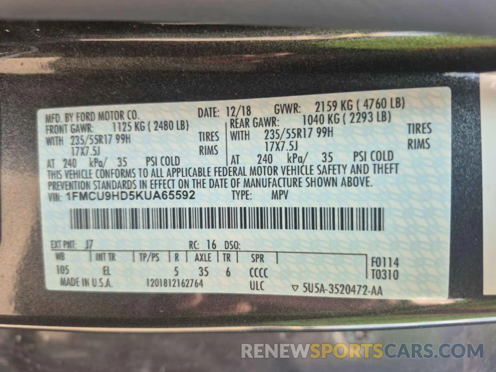 2 Photograph of a damaged car 1FMCU9HD5KUA65592 FORD ESCAPE 2019