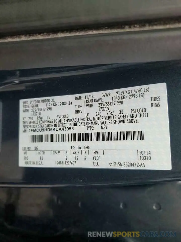 13 Photograph of a damaged car 1FMCU9HD6KUA43956 FORD ESCAPE 2019