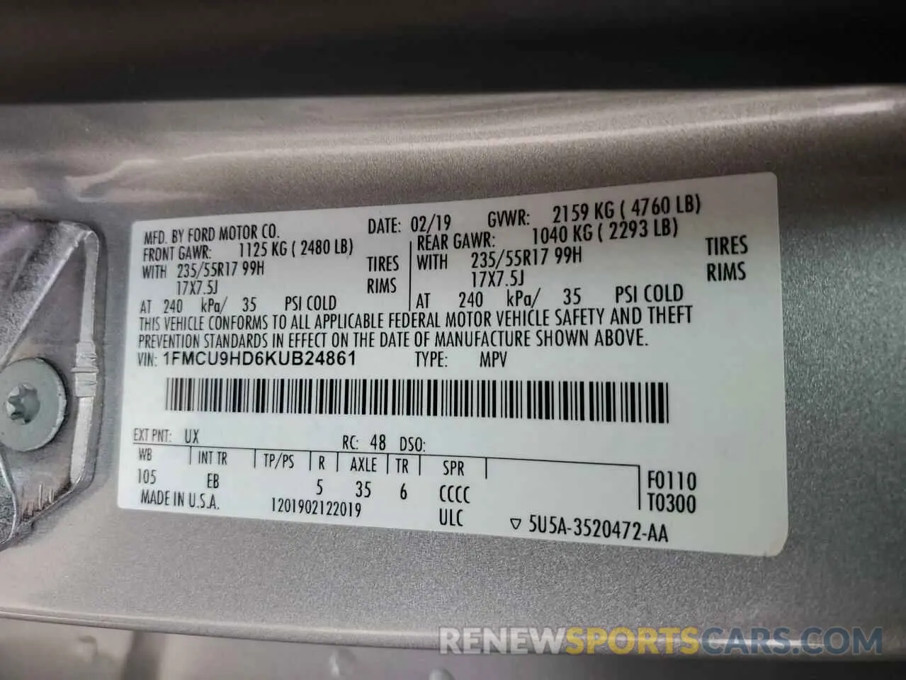 15 Photograph of a damaged car 1FMCU9HD6KUB24861 FORD ESCAPE 2019