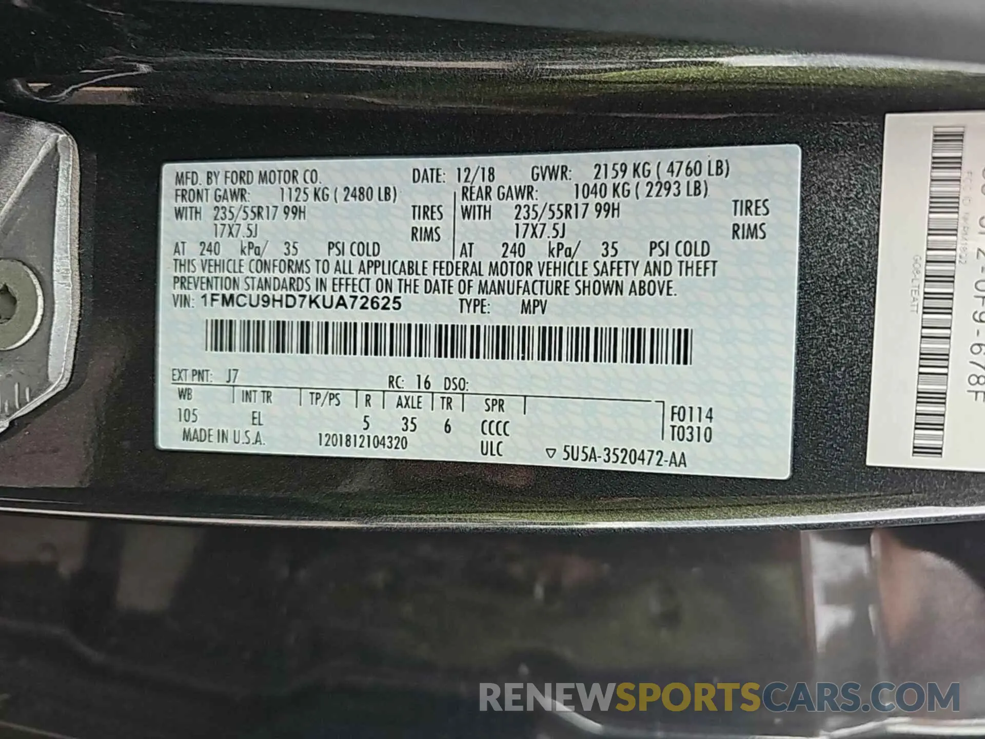 15 Photograph of a damaged car 1FMCU9HD7KUA72625 FORD ESCAPE 2019