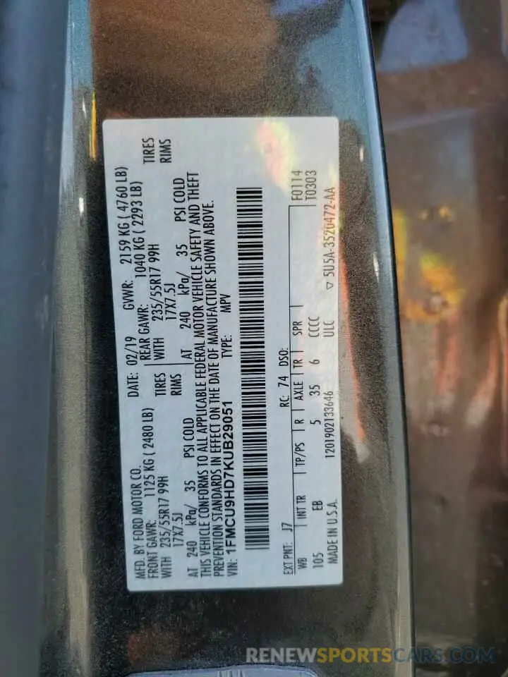 13 Photograph of a damaged car 1FMCU9HD7KUB29051 FORD ESCAPE 2019