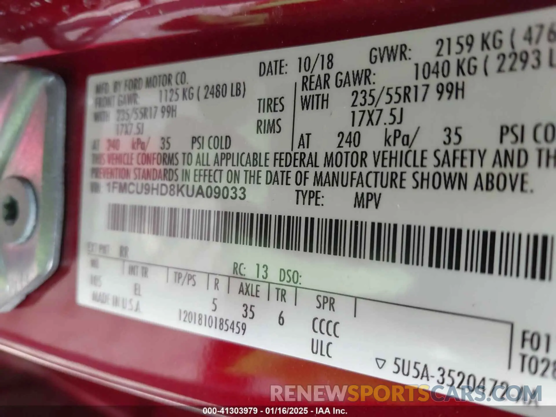 9 Photograph of a damaged car 1FMCU9HD8KUA09033 FORD ESCAPE 2019
