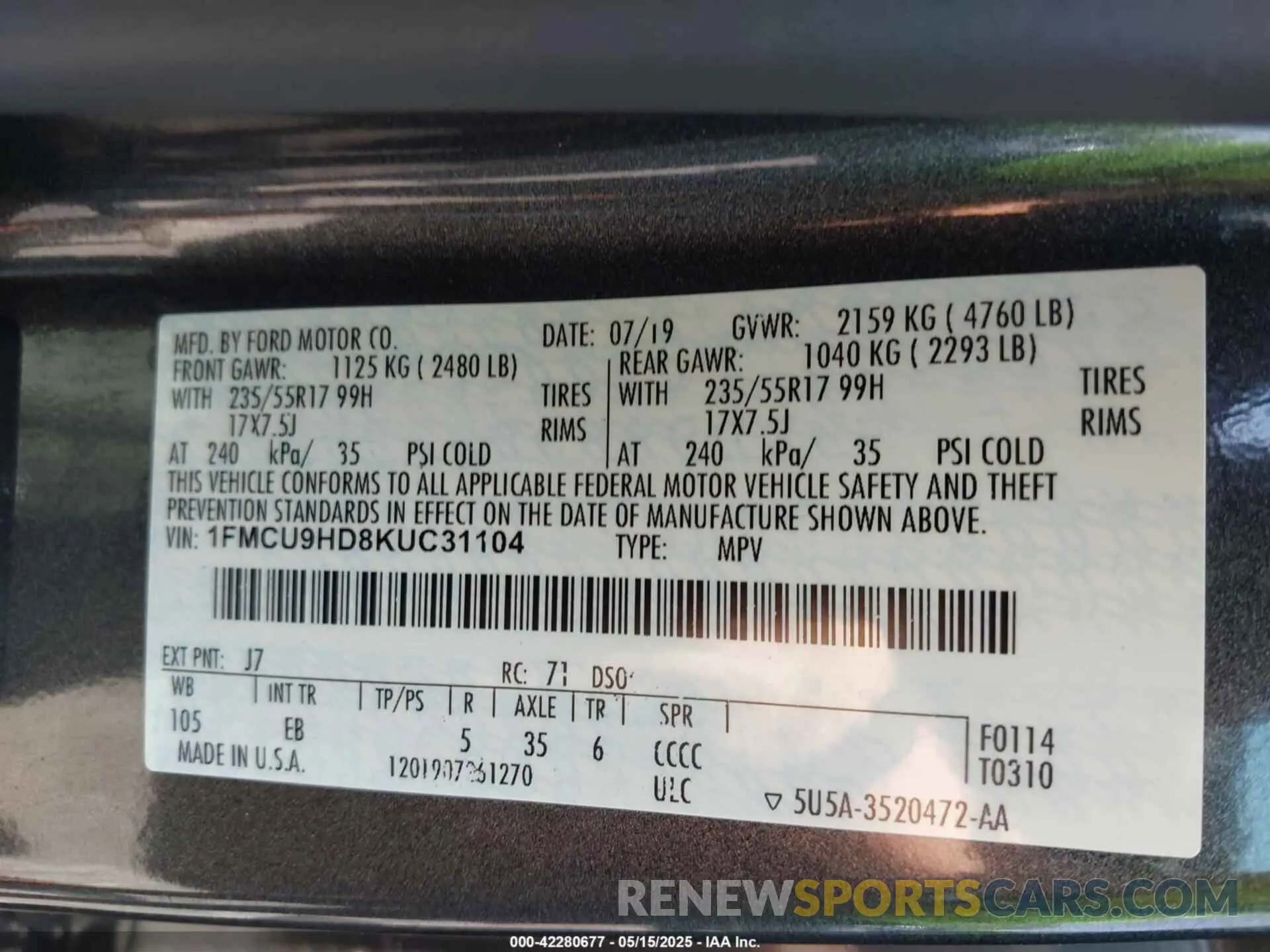 9 Photograph of a damaged car 1FMCU9HD8KUC31104 FORD ESCAPE 2019