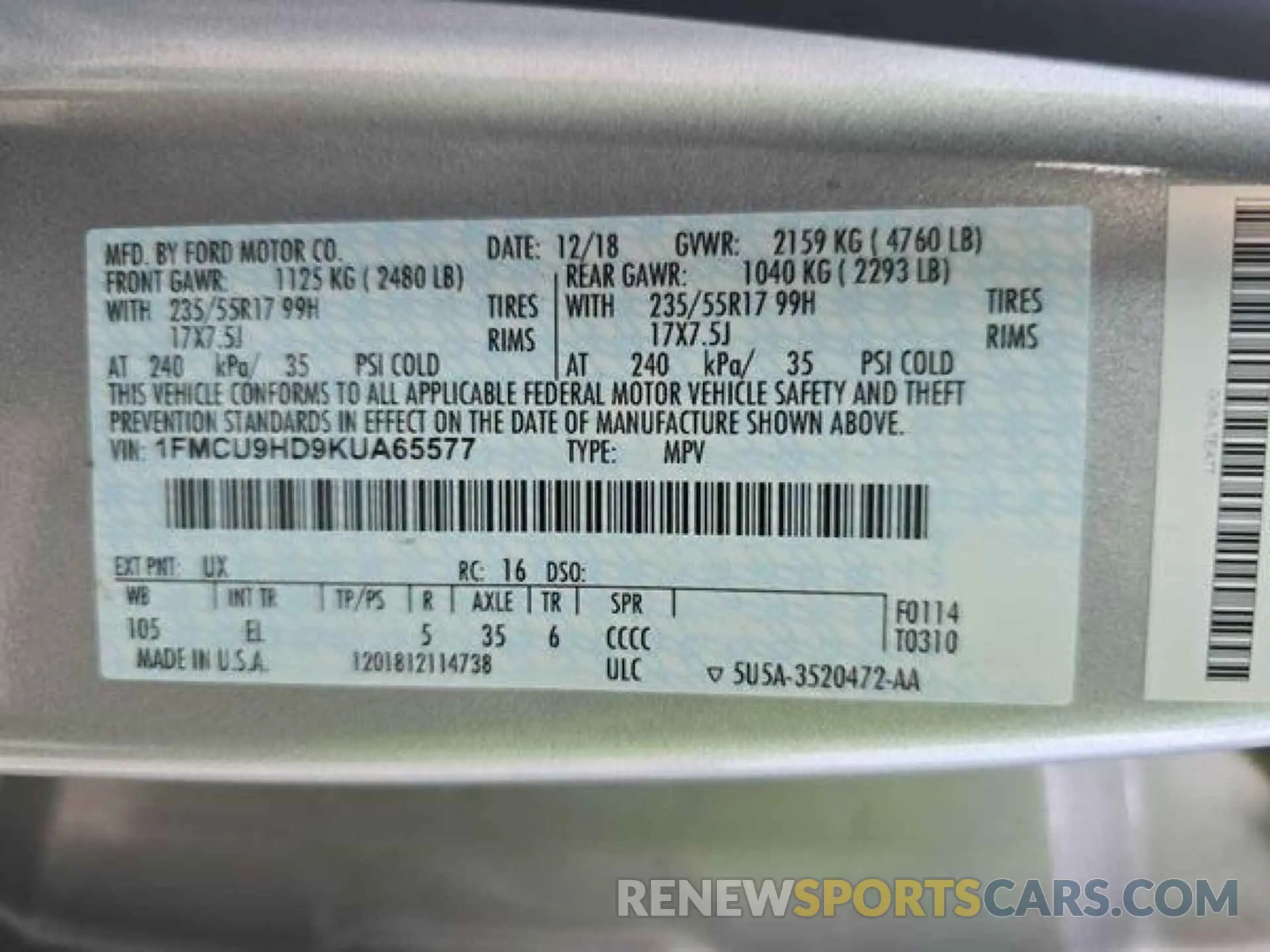 14 Photograph of a damaged car 1FMCU9HD9KUA65577 FORD ESCAPE 2019