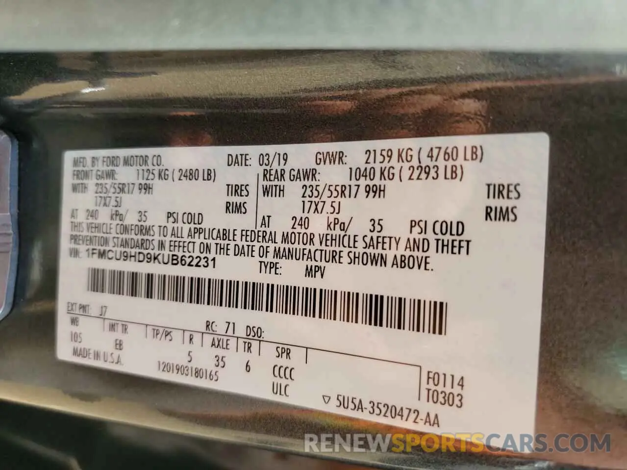 13 Photograph of a damaged car 1FMCU9HD9KUB62231 FORD ESCAPE 2019